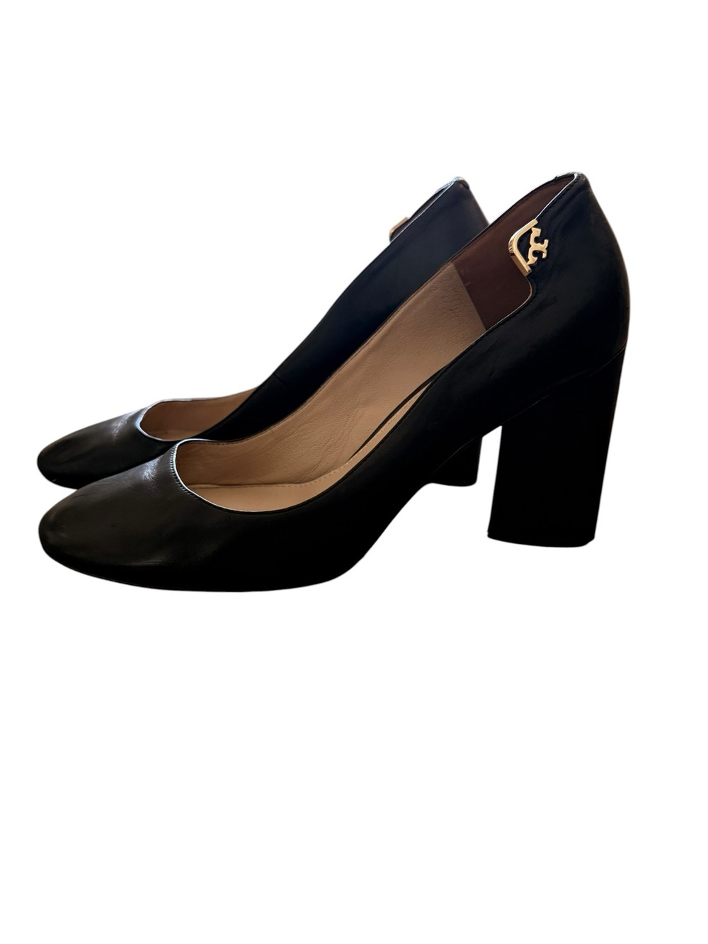 Tory Burch Black Leather Elizabeth 4” Block heel Pumps Size 9.5 Gold Tone Hw - Picture 5 of 10
